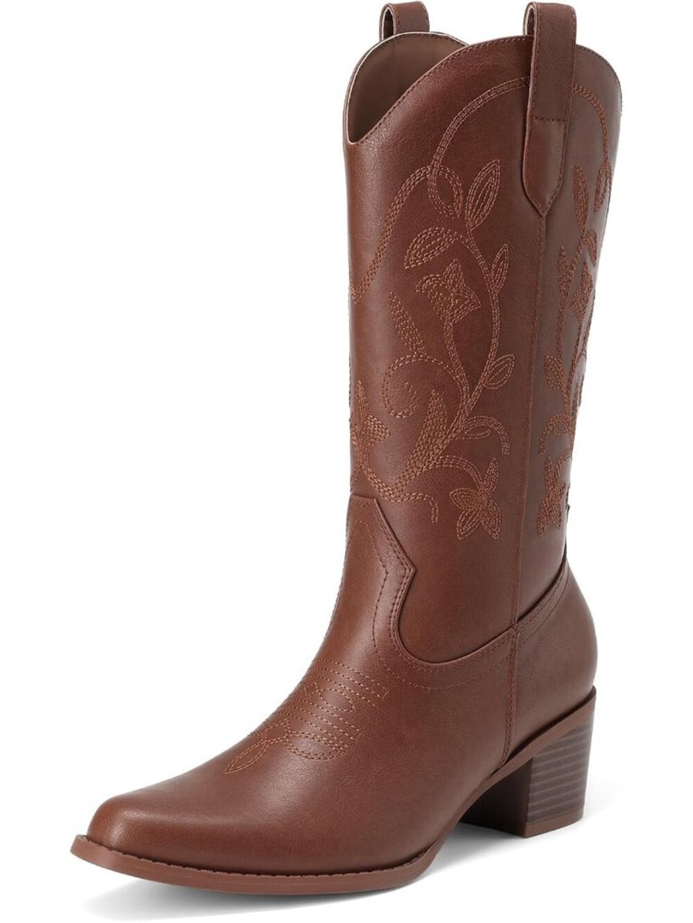 Dream Pairs Women's Brown Square Toe Cowboy Cowgirl Western Mid Calf Boots